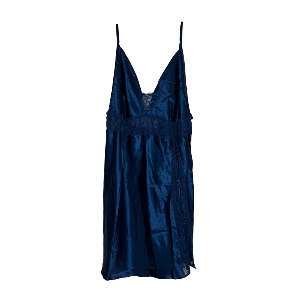 Frederick's of Hollywood Deep Blue Satin Chemise a babydoll Delphine large nwt